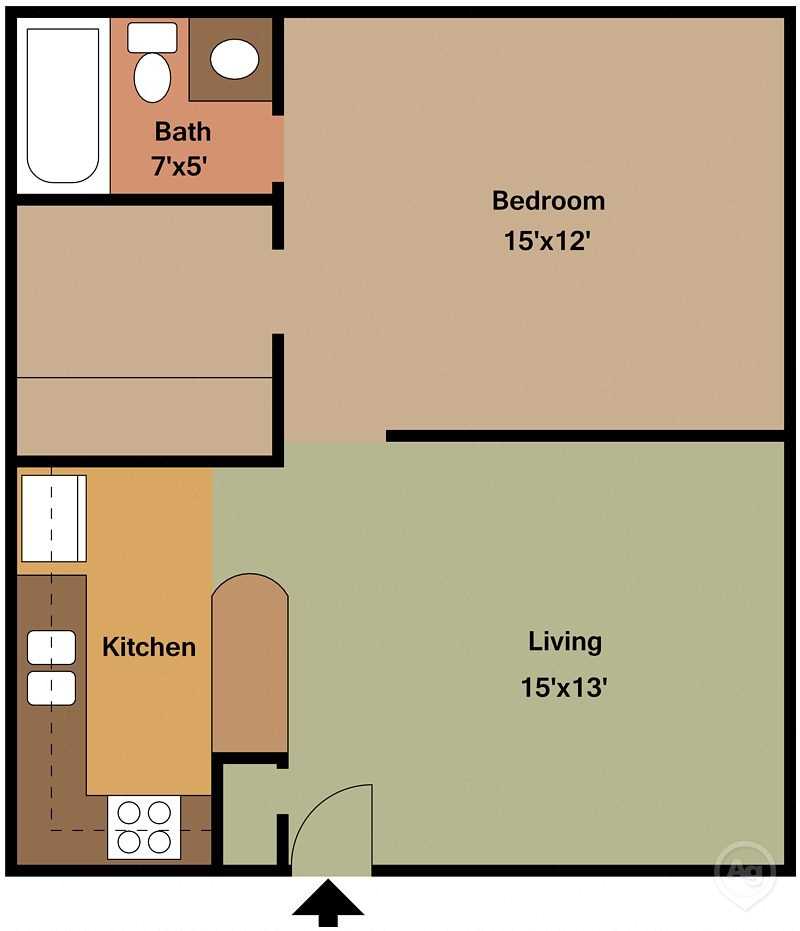 Floor plan for 1 bed, 1 bath, 600 sqft